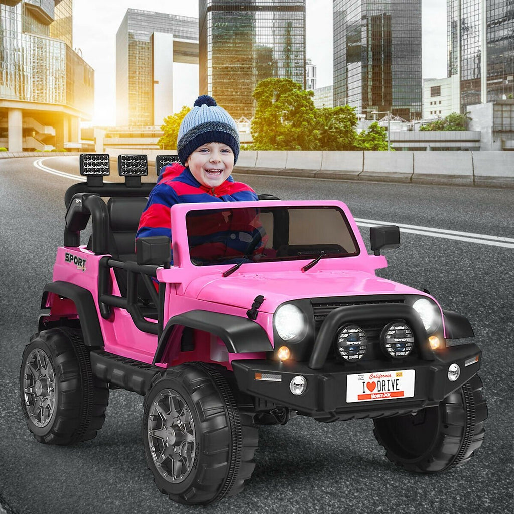12V Kinder-Elektro-Truck für 2 Kinder mit abschließbaren Türen, Haltegriff, 48 cm Sitzbank und Fernbedienung, 50 kg Tragkraft, Pink