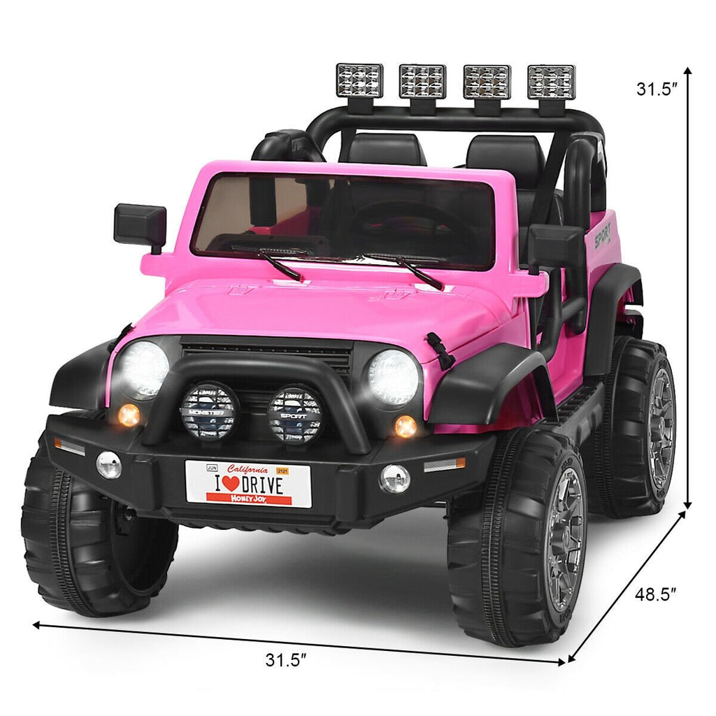 12V Kinder-Elektro-Truck für 2 Kinder mit abschließbaren Türen, Haltegriff, 48 cm Sitzbank und Fernbedienung, 50 kg Tragkraft, Pink