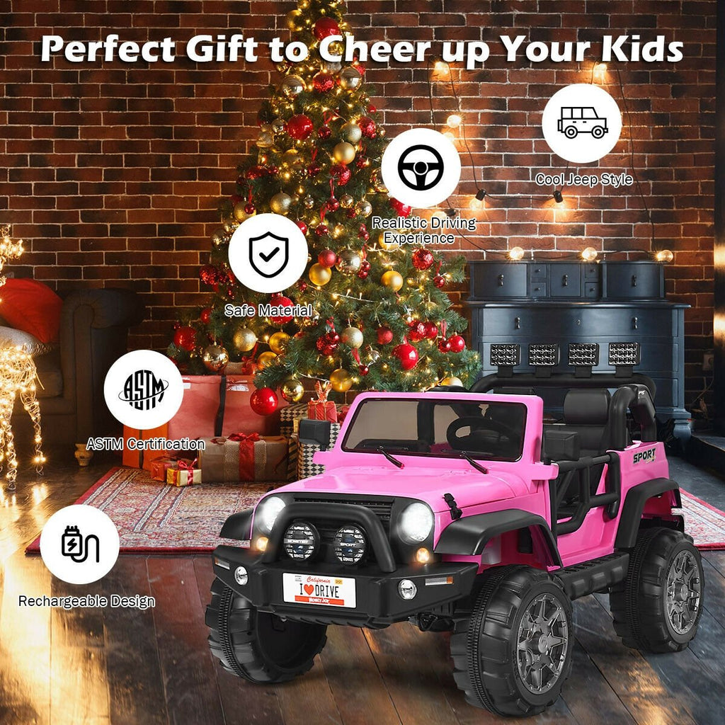 12V Kinder-Elektro-Truck für 2 Kinder mit abschließbaren Türen, Haltegriff, 48 cm Sitzbank und Fernbedienung, 50 kg Tragkraft, Pink