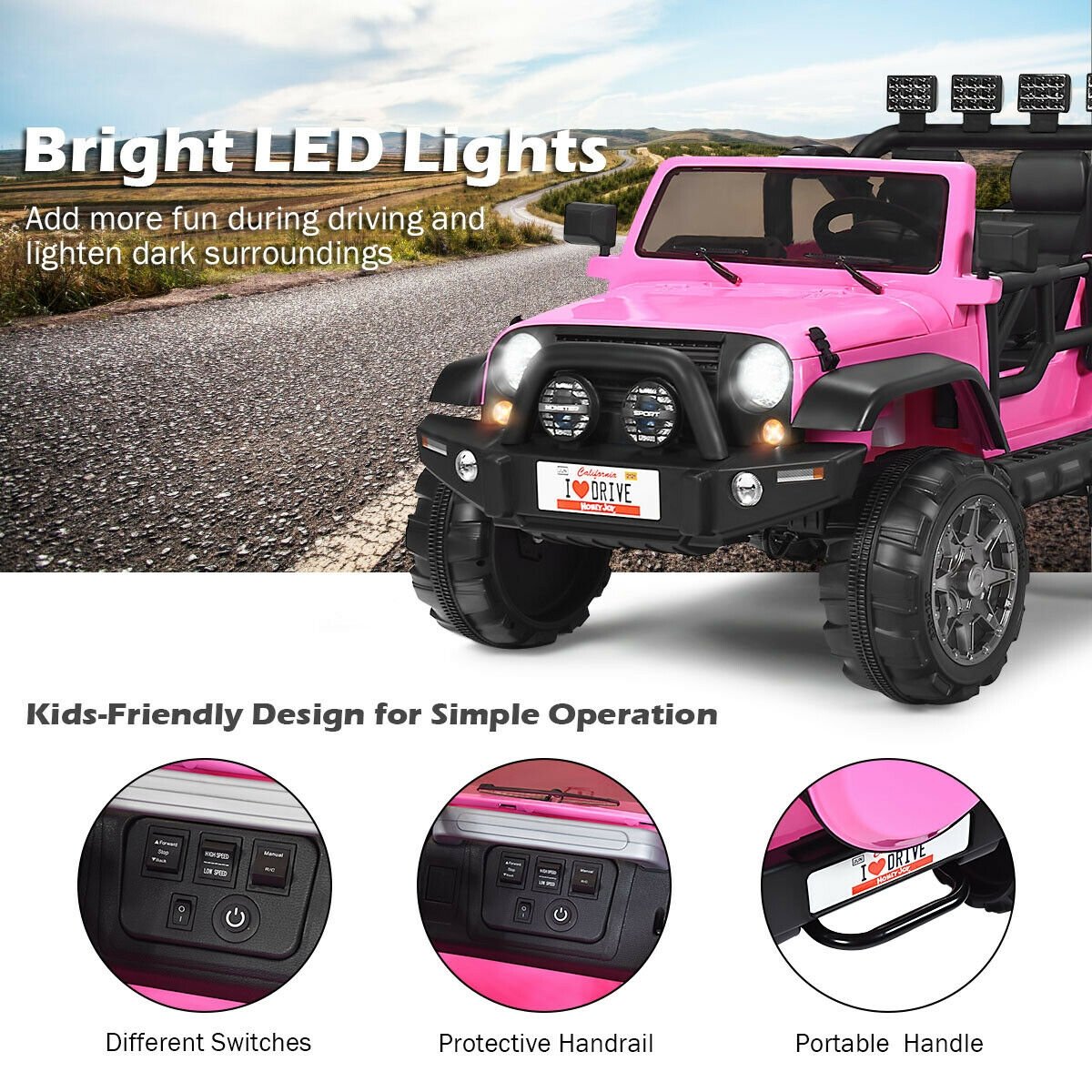 12V Kinder-Elektro-Truck für 2 Kinder mit abschließbaren Türen, Haltegriff, 48 cm Sitzbank und Fernbedienung, 50 kg Tragkraft, Pink