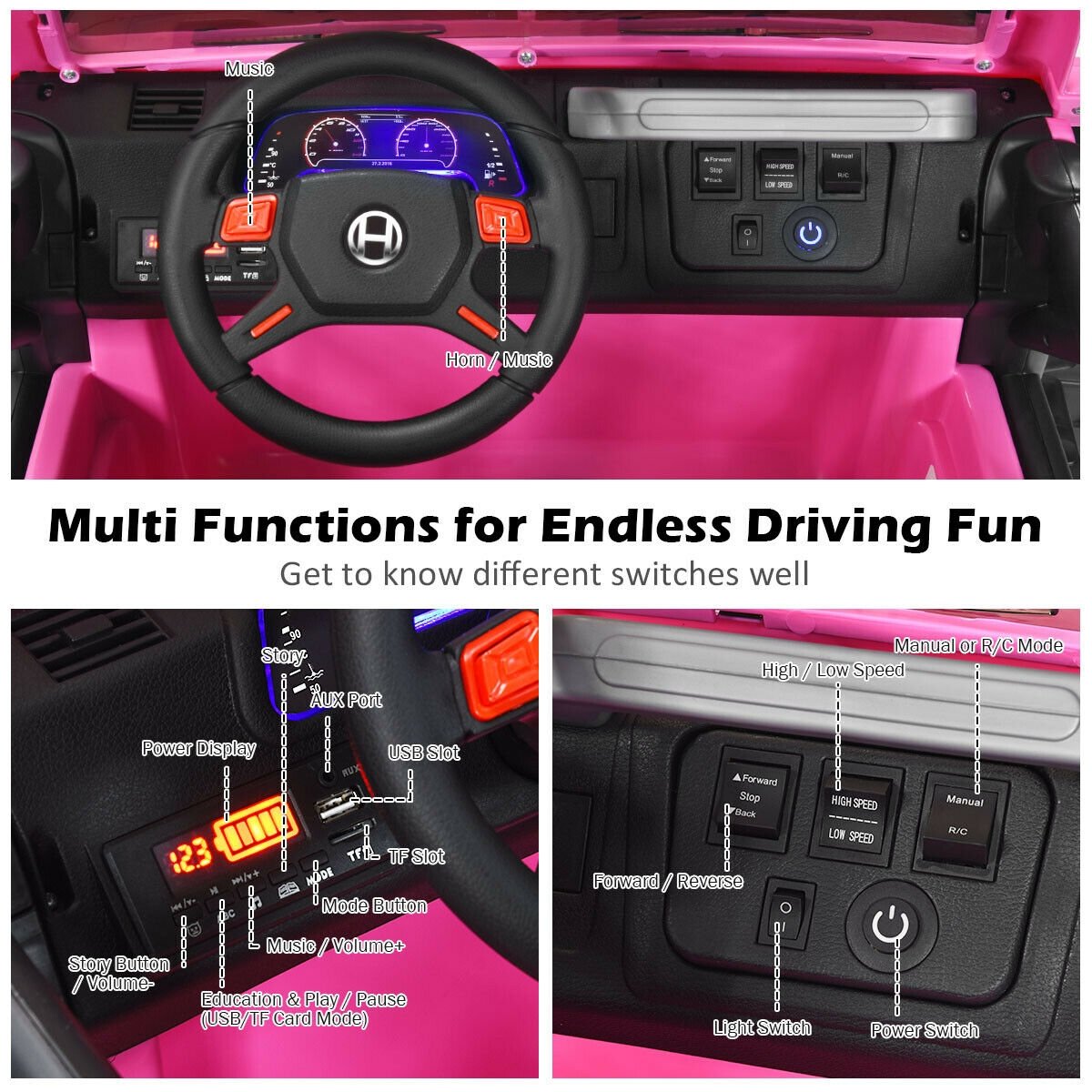 12V Kinder-Elektro-Truck für 2 Kinder mit abschließbaren Türen, Haltegriff, 48 cm Sitzbank und Fernbedienung, 50 kg Tragkraft, Pink