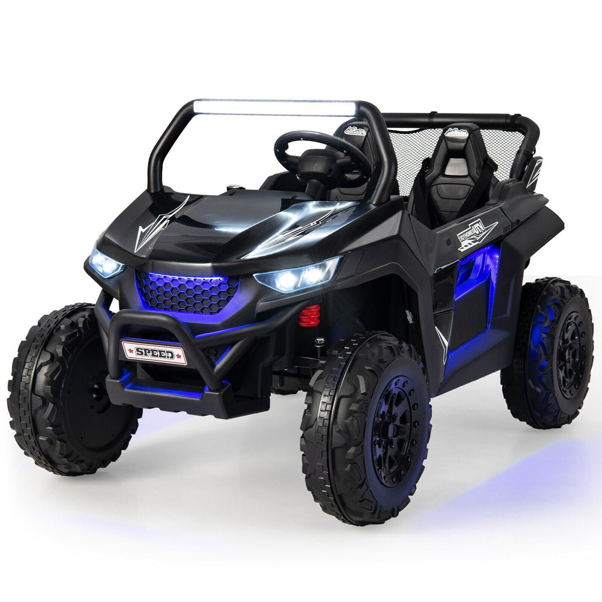 12V 2 Seater Kids Ride On UTV with Spring Suspension, 3 Point Belts, Lockable Doors and Parental Remote, 130 lb Capacity, Black