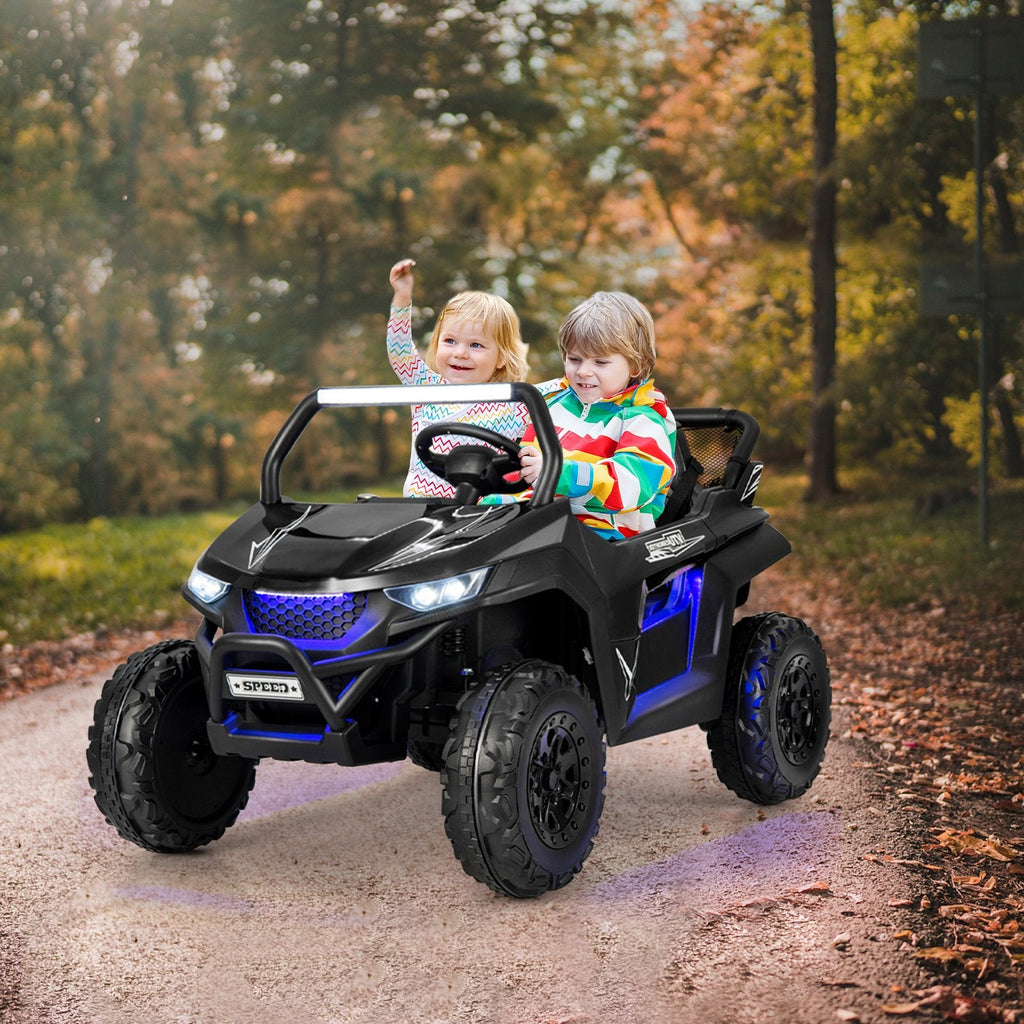 UTV électrique pour enfants 12 V biplace avec suspension à ressorts, ceintures 3 points, portes verrouillables et télécommande parentale, capacité de charge de 130 lb, noir