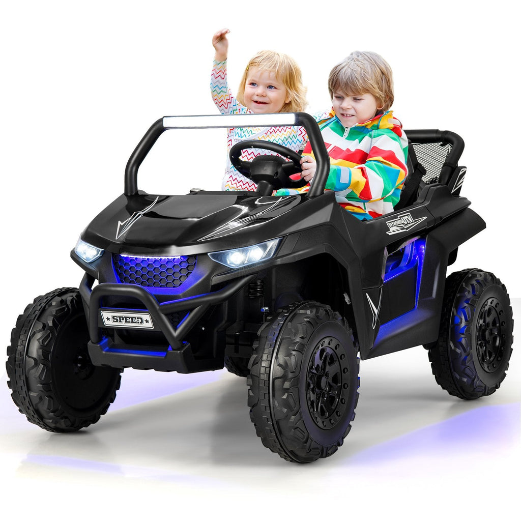 UTV électrique pour enfants 12 V biplace avec suspension à ressorts, ceintures 3 points, portes verrouillables et télécommande parentale, capacité de charge de 130 lb, noir