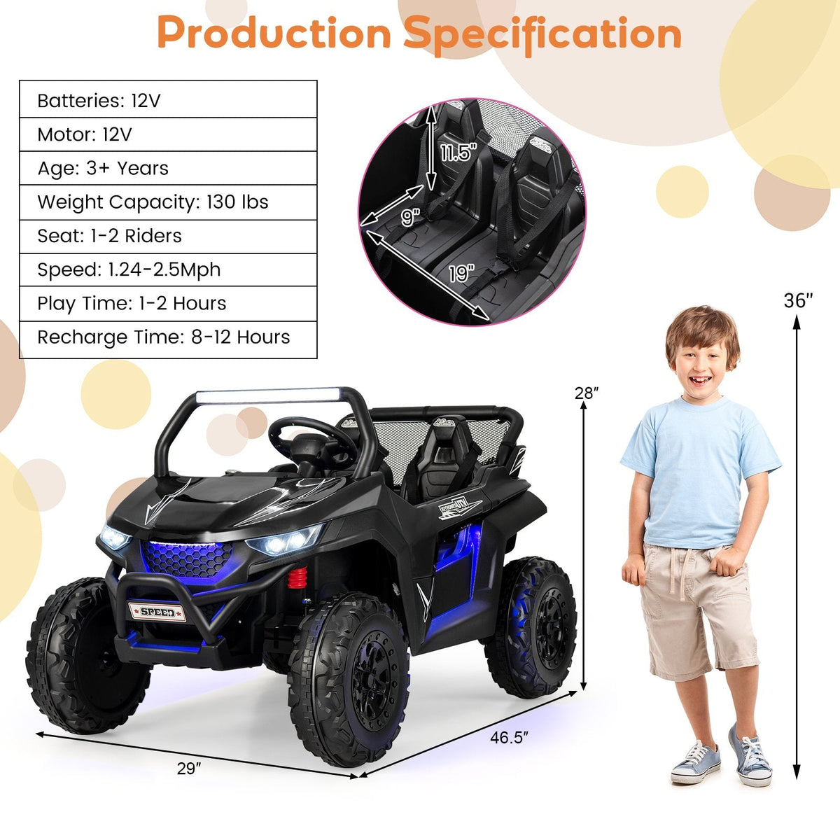 12V 2 Seater Kids Ride On UTV with Spring Suspension, 3 Point Belts, Lockable Doors and Parental Remote, 130 lb Capacity, Black