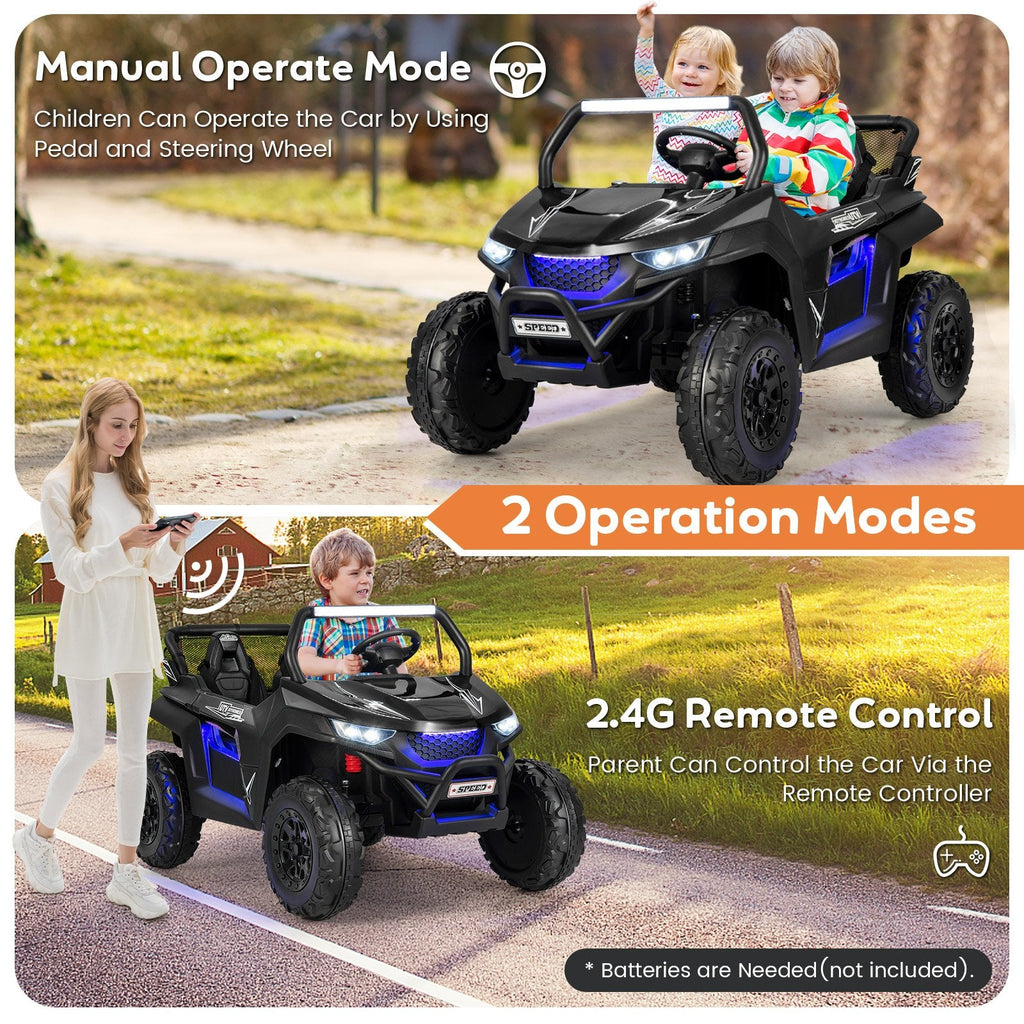 UTV électrique pour enfants 12 V biplace avec suspension à ressorts, ceintures 3 points, portes verrouillables et télécommande parentale, capacité de charge de 130 lb, noir