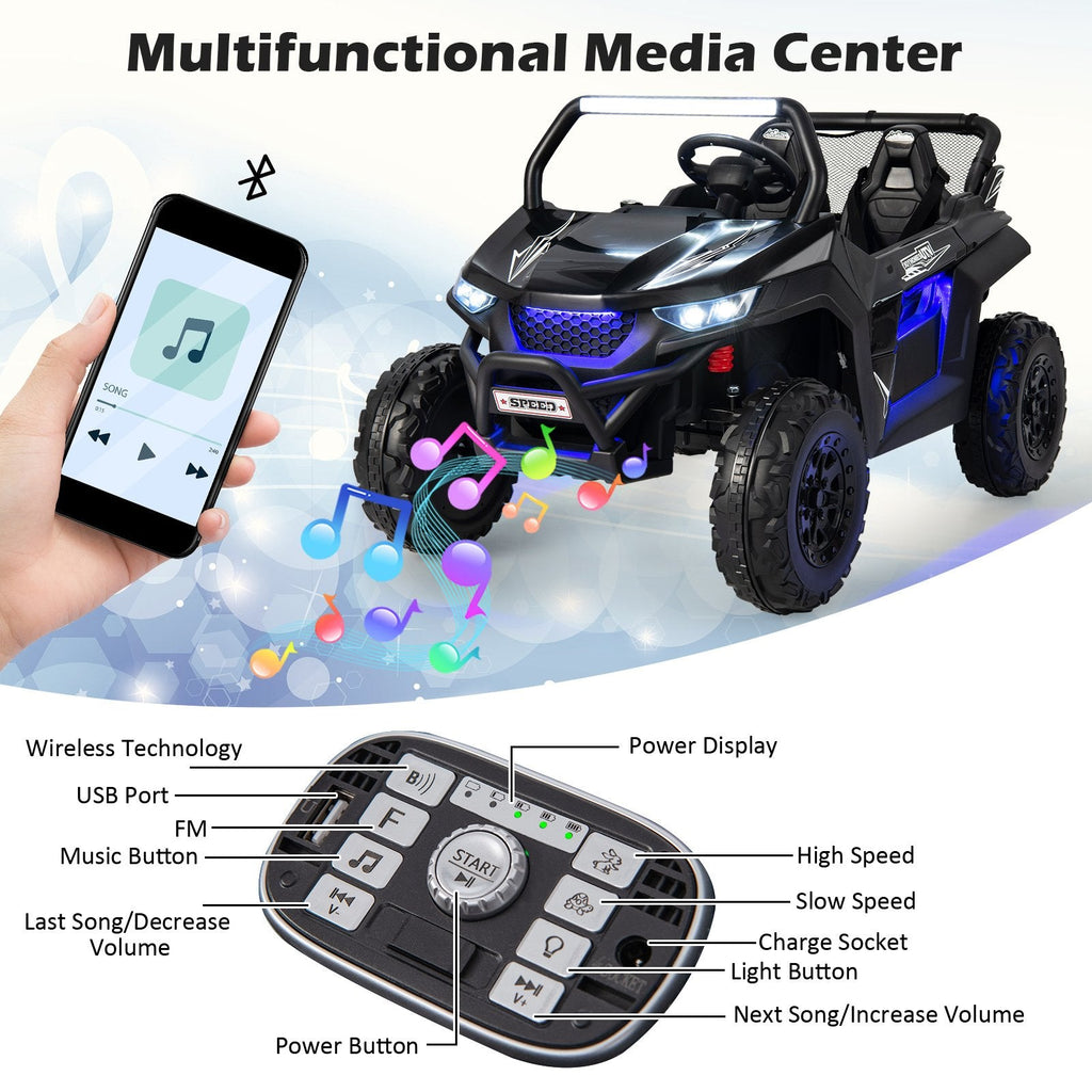 UTV électrique pour enfants 12 V biplace avec suspension à ressorts, ceintures 3 points, portes verrouillables et télécommande parentale, capacité de charge de 130 lb, noir