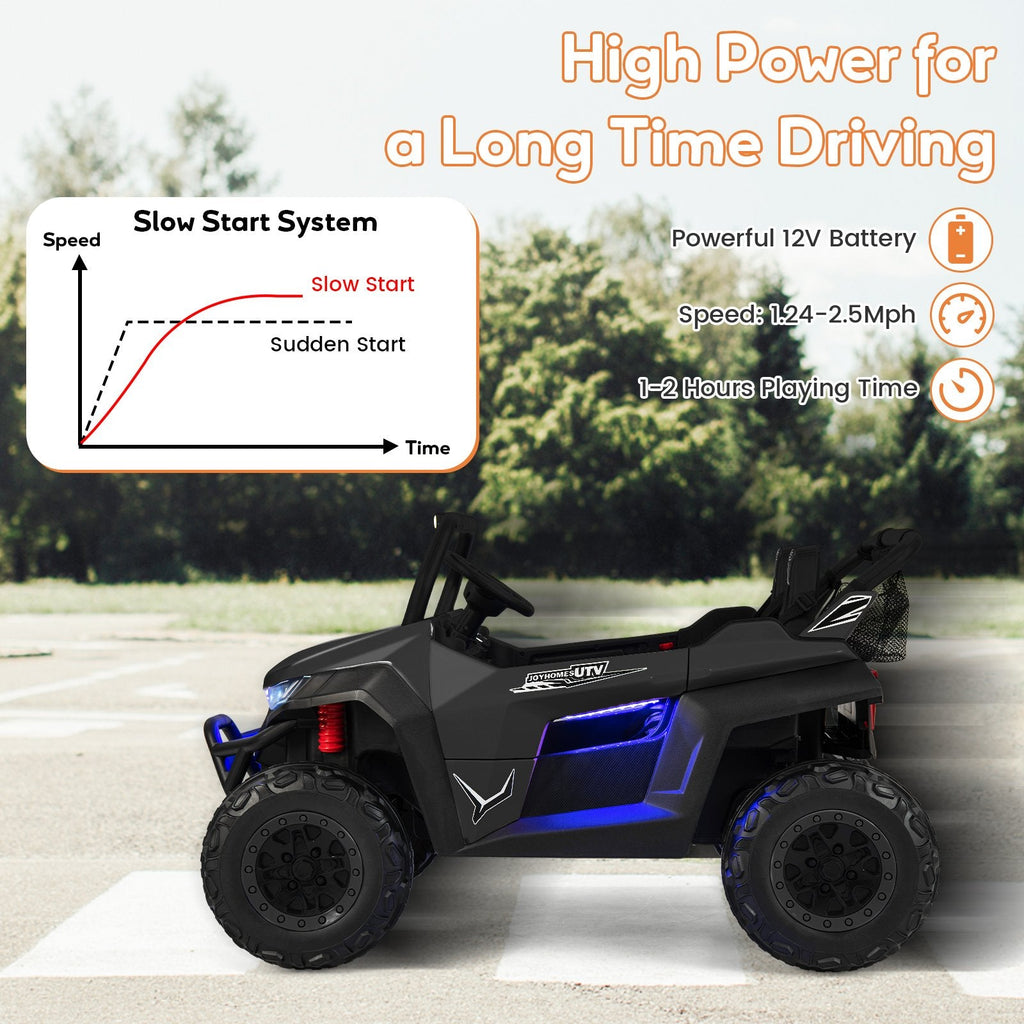UTV électrique pour enfants 12 V biplace avec suspension à ressorts, ceintures 3 points, portes verrouillables et télécommande parentale, capacité de charge de 130 lb, noir