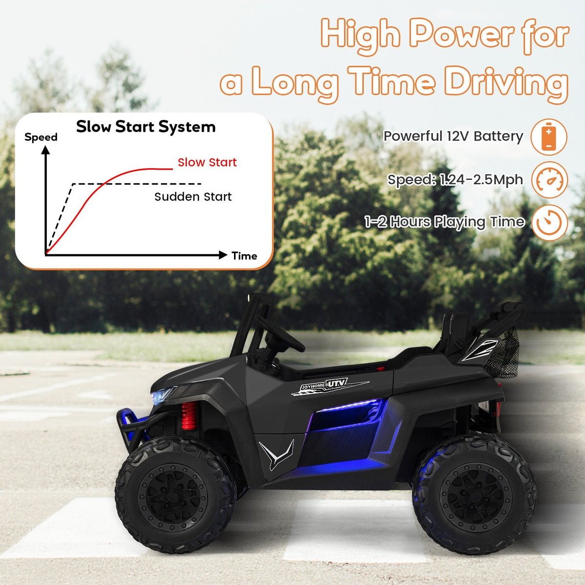 UTV électrique pour enfants 12 V biplace avec suspension à ressorts, ceintures 3 points, portes verrouillables et télécommande parentale, capacité de charge de 130 lb, noir