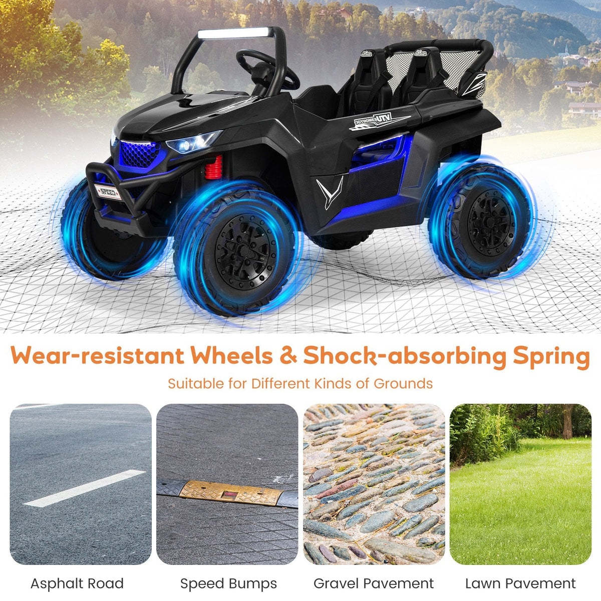 UTV électrique pour enfants 12 V biplace avec suspension à ressorts, ceintures 3 points, portes verrouillables et télécommande parentale, capacité de charge de 130 lb, noir