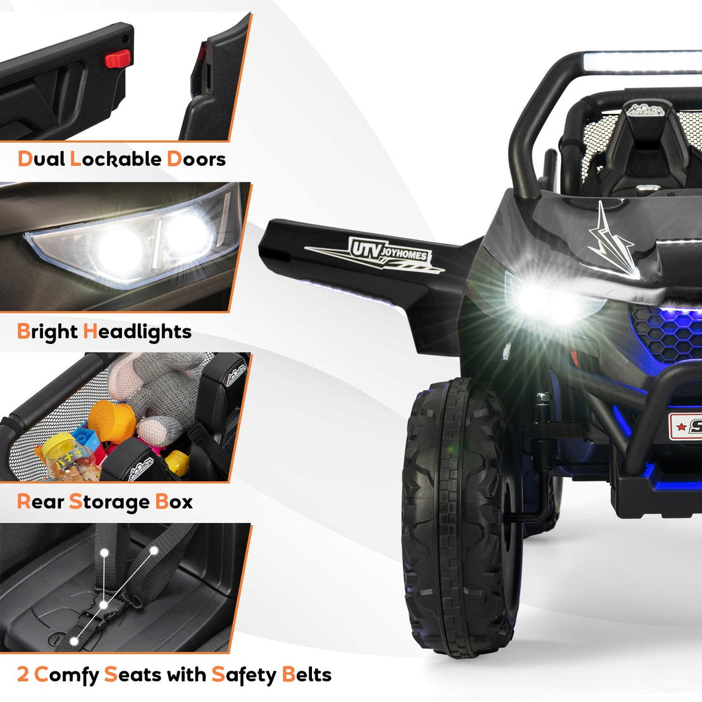UTV électrique pour enfants 12 V biplace avec suspension à ressorts, ceintures 3 points, portes verrouillables et télécommande parentale, capacité de charge de 130 lb, noir