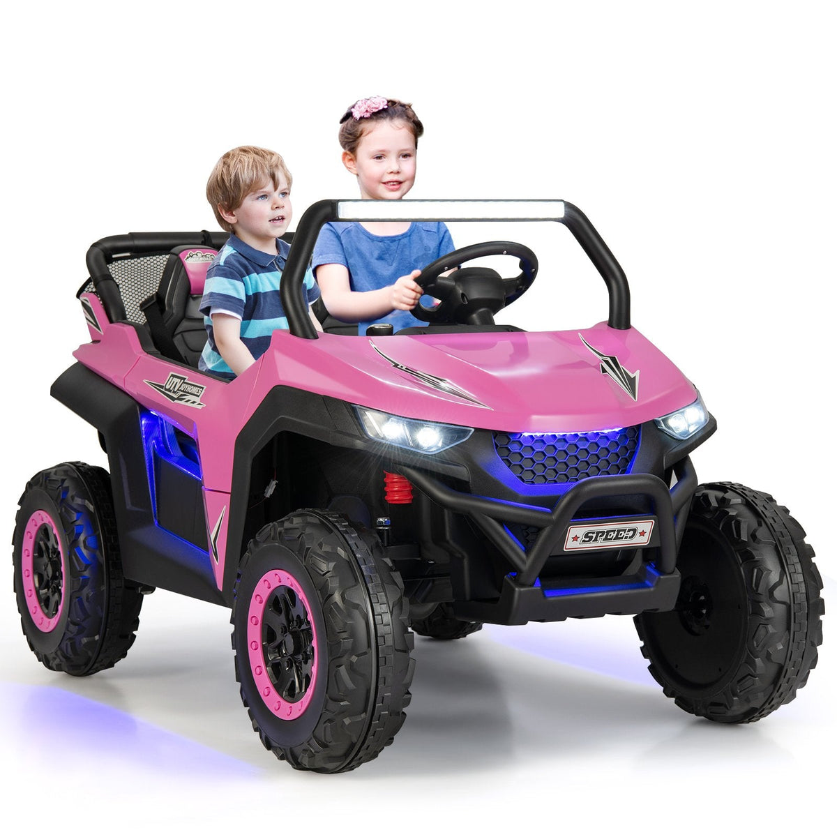 12V 2-Sitzer Kinder-UTV-Elektroauto mit Medienzentrum, Staunetz, 3-Punkt-Gurten und 2,4G-Fernbedienung, 59 kg Tragkraft, Pink
