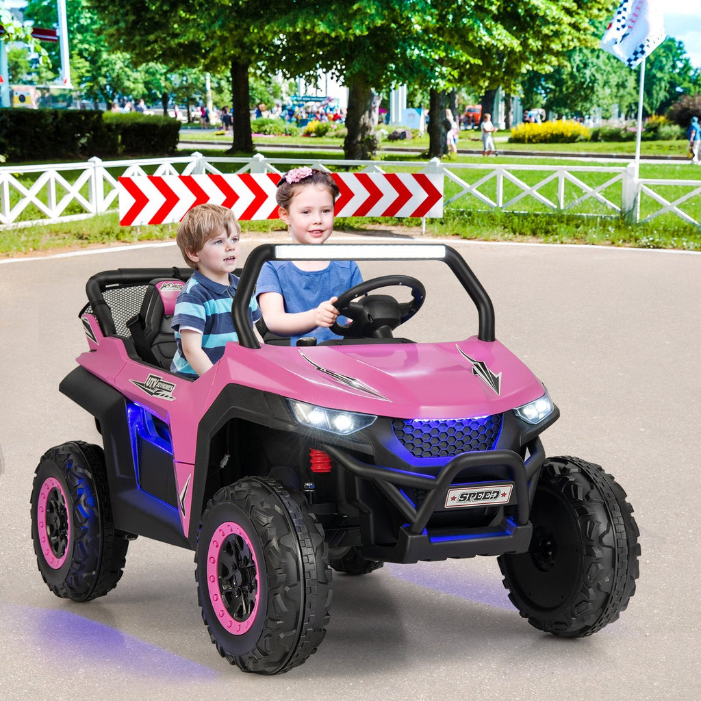 12V 2-Sitzer Kinder-UTV-Elektroauto mit Medienzentrum, Staunetz, 3-Punkt-Gurten und 2,4G-Fernbedienung, 59 kg Tragkraft, Pink