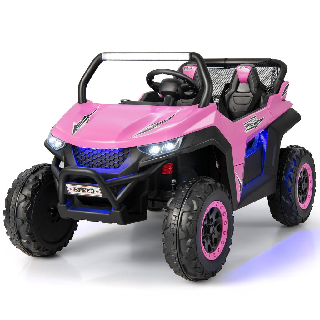 12V 2-Sitzer Kinder-UTV-Elektroauto mit Medienzentrum, Staunetz, 3-Punkt-Gurten und 2,4G-Fernbedienung, 59 kg Tragkraft, Pink