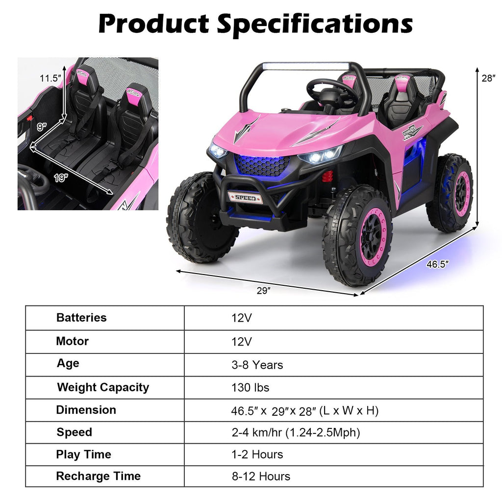 12V 2-Sitzer Kinder-UTV-Elektroauto mit Medienzentrum, Staunetz, 3-Punkt-Gurten und 2,4G-Fernbedienung, 59 kg Tragkraft, Pink