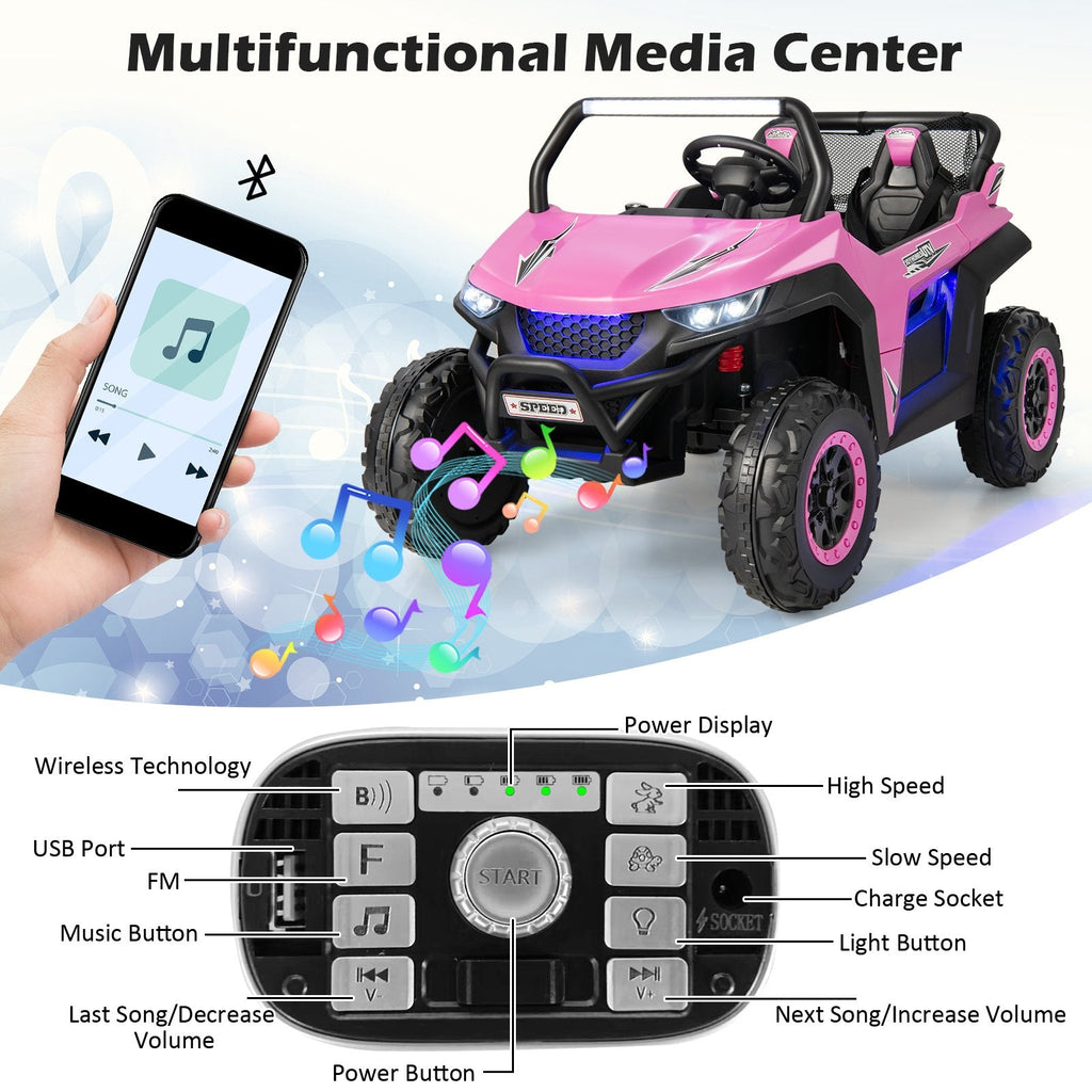 12V 2-Sitzer Kinder-UTV-Elektroauto mit Medienzentrum, Staunetz, 3-Punkt-Gurten und 2,4G-Fernbedienung, 59 kg Tragkraft, Pink