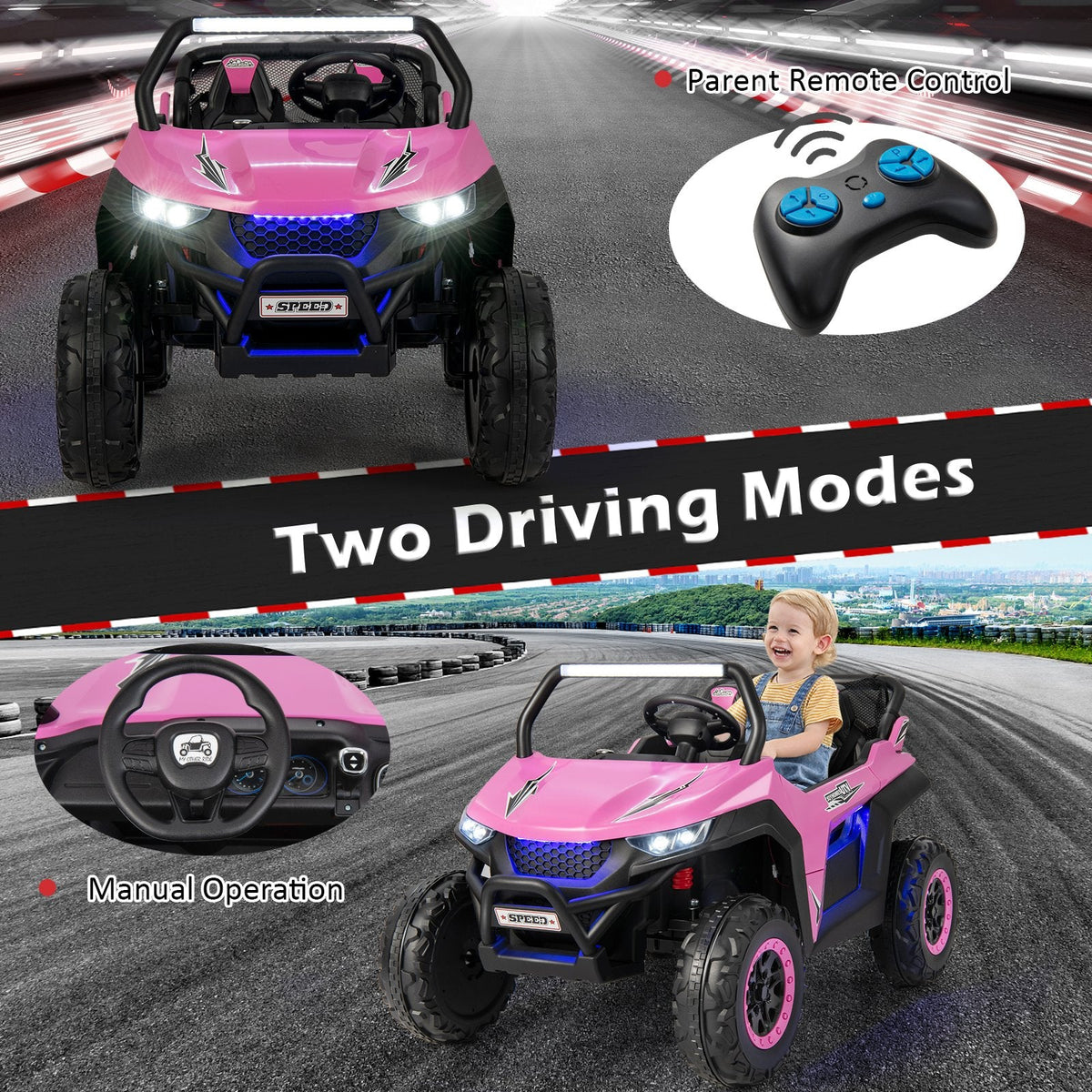 12V 2-Sitzer Kinder-UTV-Elektroauto mit Medienzentrum, Staunetz, 3-Punkt-Gurten und 2,4G-Fernbedienung, 59 kg Tragkraft, Pink