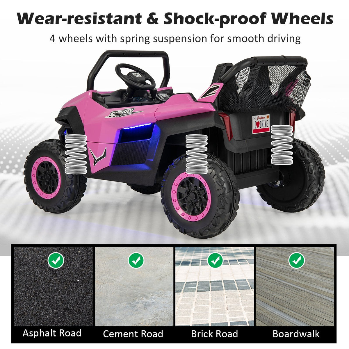 12V 2-Sitzer Kinder-UTV-Elektroauto mit Medienzentrum, Staunetz, 3-Punkt-Gurten und 2,4G-Fernbedienung, 59 kg Tragkraft, Pink