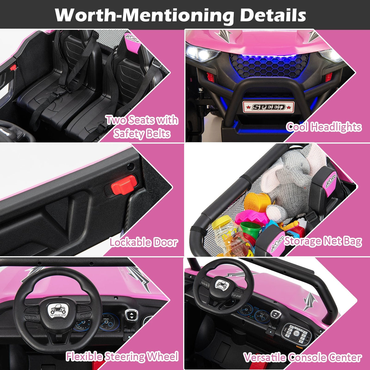 12V 2-Sitzer Kinder-UTV-Elektroauto mit Medienzentrum, Staunetz, 3-Punkt-Gurten und 2,4G-Fernbedienung, 59 kg Tragkraft, Pink