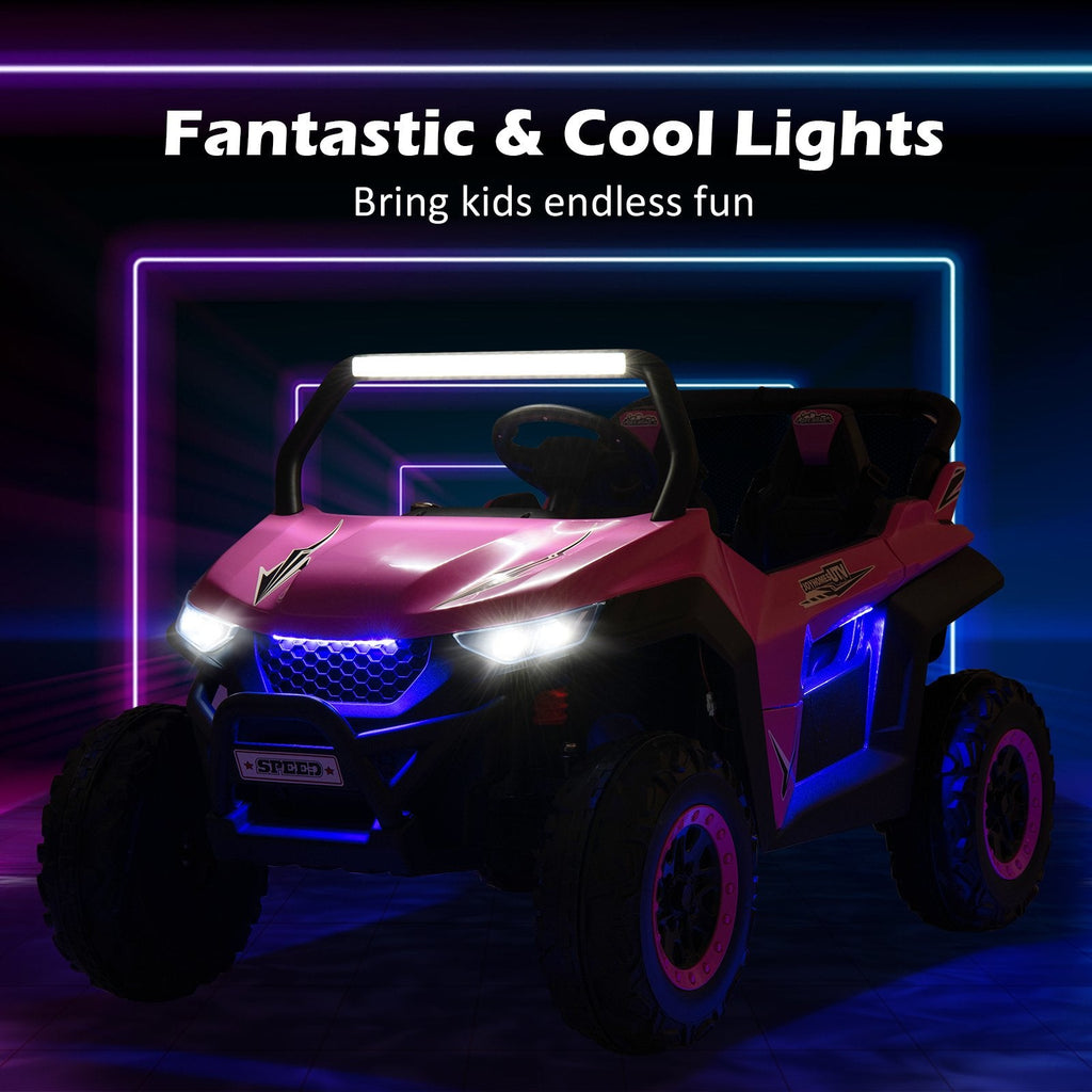 12V 2-Sitzer Kinder-UTV-Elektroauto mit Medienzentrum, Staunetz, 3-Punkt-Gurten und 2,4G-Fernbedienung, 59 kg Tragkraft, Pink