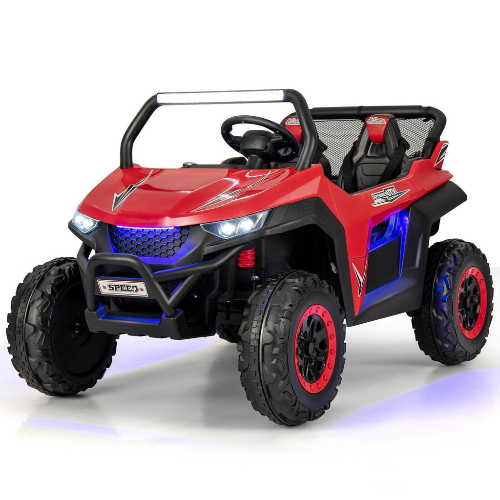 UTV électrique 12V pour enfants à 2 places avec démarrage progressif, 3 vitesses télécommandées, suspension à ressorts et ceintures de sécurité 3 points, capacité de 130 lb, rouge