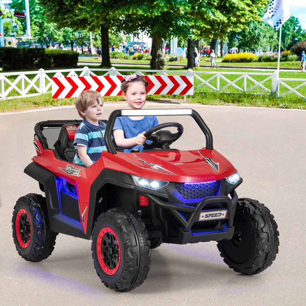 UTV électrique 12V pour enfants à 2 places avec démarrage progressif, 3 vitesses télécommandées, suspension à ressorts et ceintures de sécurité 3 points, capacité de 130 lb, rouge
