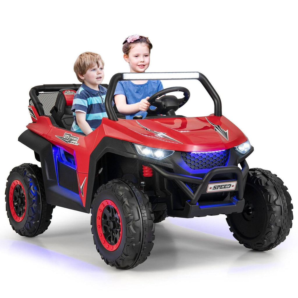 UTV électrique 12V pour enfants à 2 places avec démarrage progressif, 3 vitesses télécommandées, suspension à ressorts et ceintures de sécurité 3 points, capacité de 130 lb, rouge