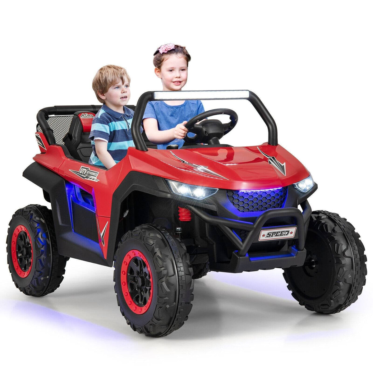 UTV électrique 12V pour enfants à 2 places avec démarrage progressif, 3 vitesses télécommandées, suspension à ressorts et ceintures de sécurité 3 points, capacité de 130 lb, rouge