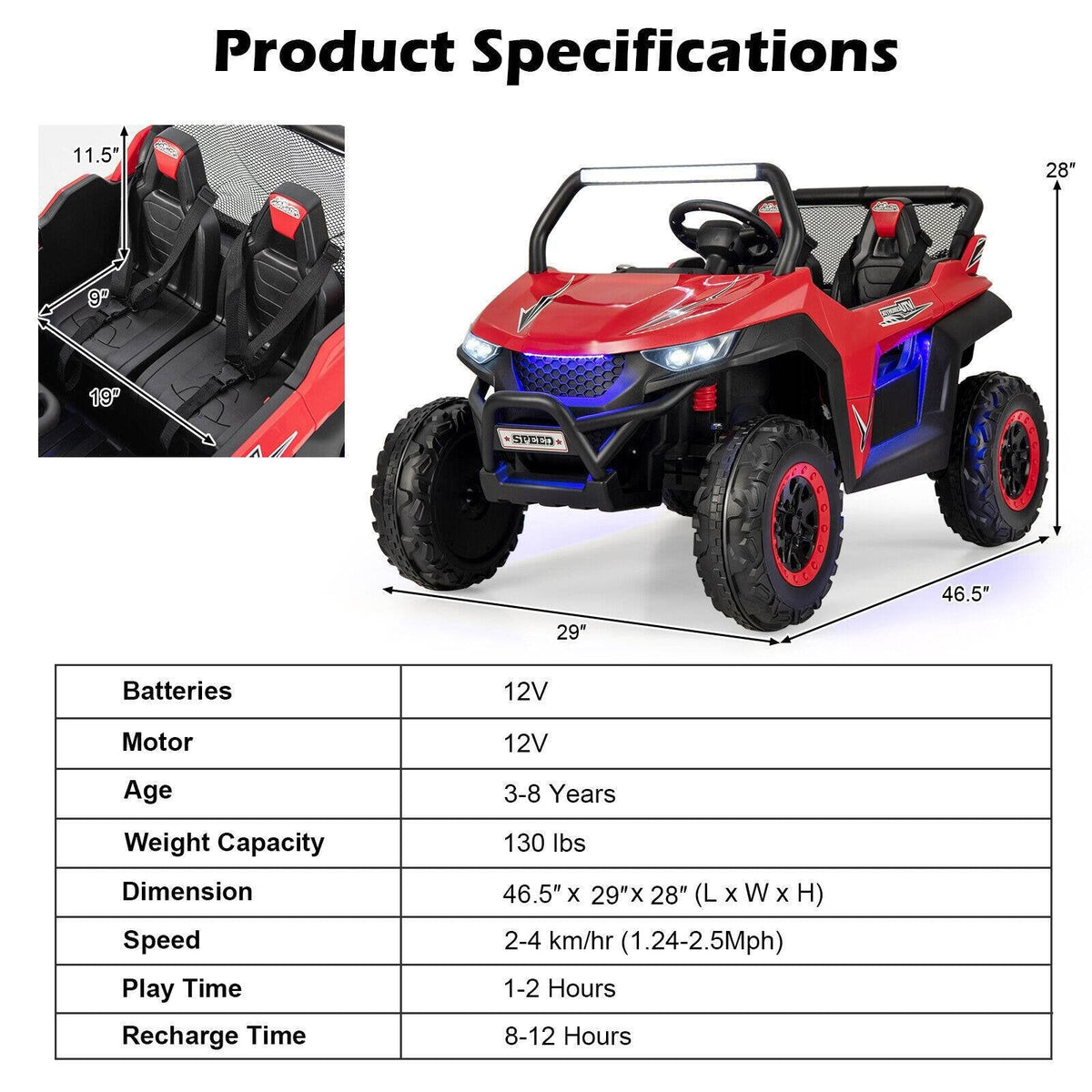 UTV électrique 12V pour enfants à 2 places avec démarrage progressif, 3 vitesses télécommandées, suspension à ressorts et ceintures de sécurité 3 points, capacité de 130 lb, rouge