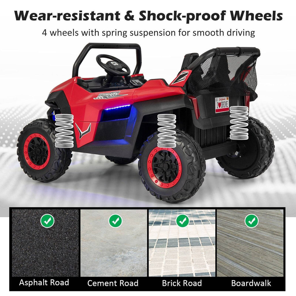 UTV électrique 12V pour enfants à 2 places avec démarrage progressif, 3 vitesses télécommandées, suspension à ressorts et ceintures de sécurité 3 points, capacité de 130 lb, rouge