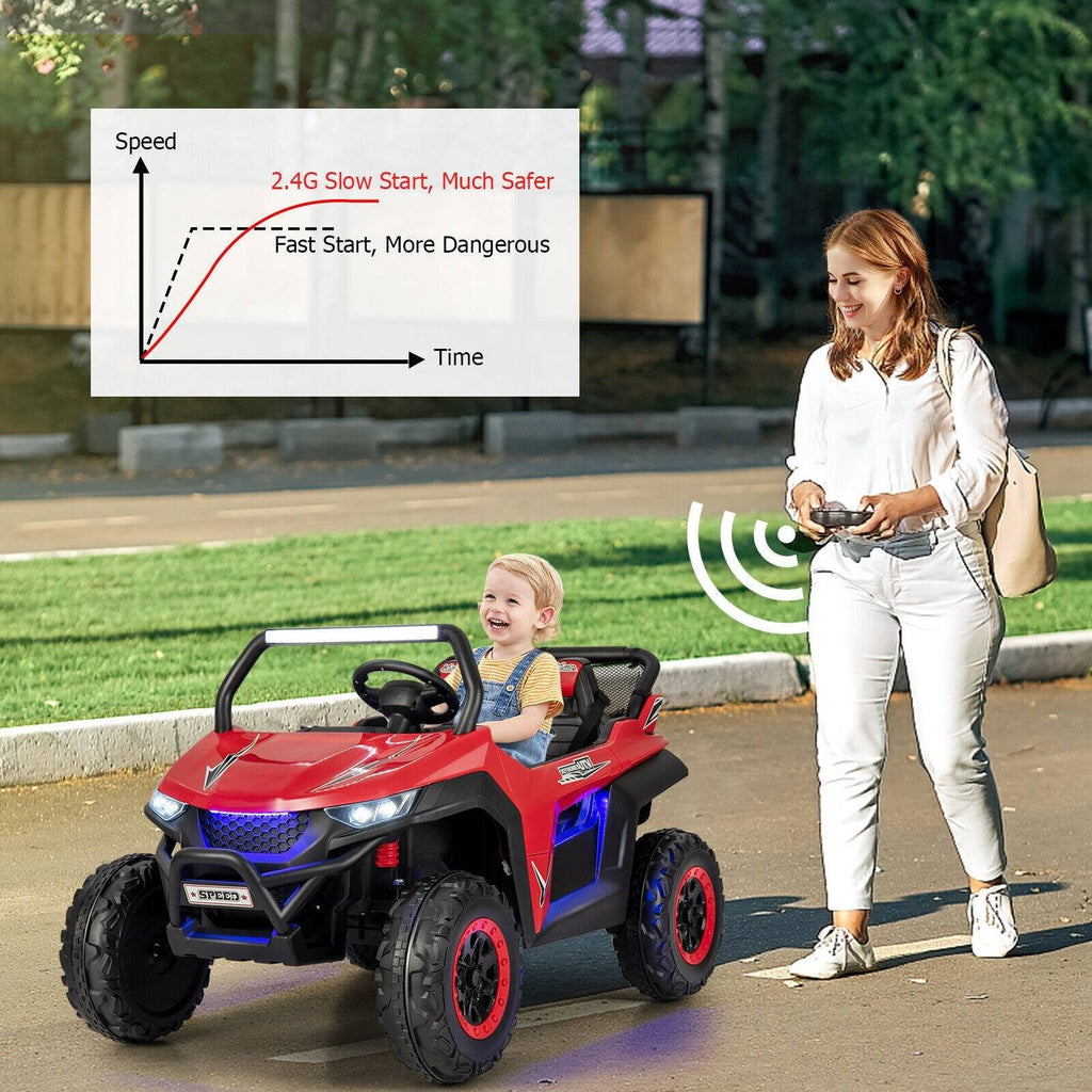 UTV électrique 12V pour enfants à 2 places avec démarrage progressif, 3 vitesses télécommandées, suspension à ressorts et ceintures de sécurité 3 points, capacité de 130 lb, rouge