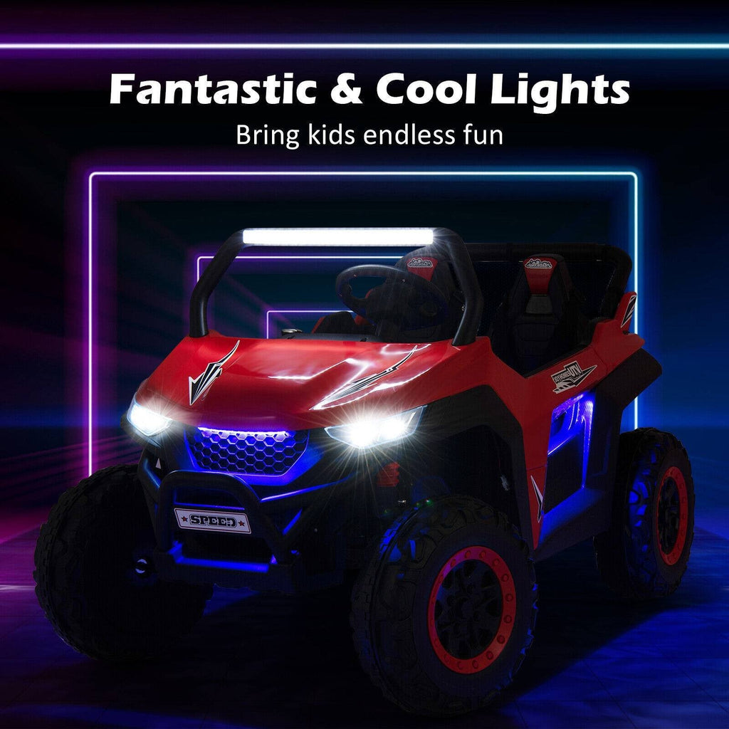 UTV électrique 12V pour enfants à 2 places avec démarrage progressif, 3 vitesses télécommandées, suspension à ressorts et ceintures de sécurité 3 points, capacité de 130 lb, rouge