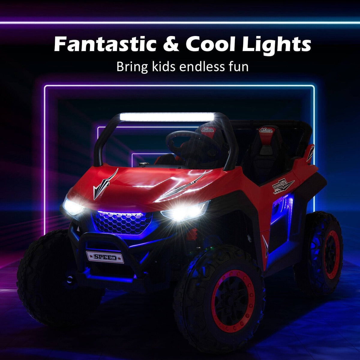 UTV électrique 12V pour enfants à 2 places avec démarrage progressif, 3 vitesses télécommandées, suspension à ressorts et ceintures de sécurité 3 points, capacité de 130 lb, rouge