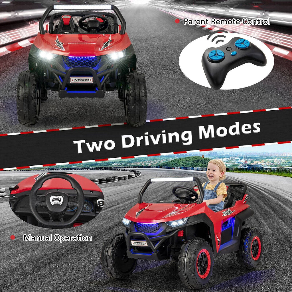 UTV électrique 12V pour enfants à 2 places avec démarrage progressif, 3 vitesses télécommandées, suspension à ressorts et ceintures de sécurité 3 points, capacité de 130 lb, rouge