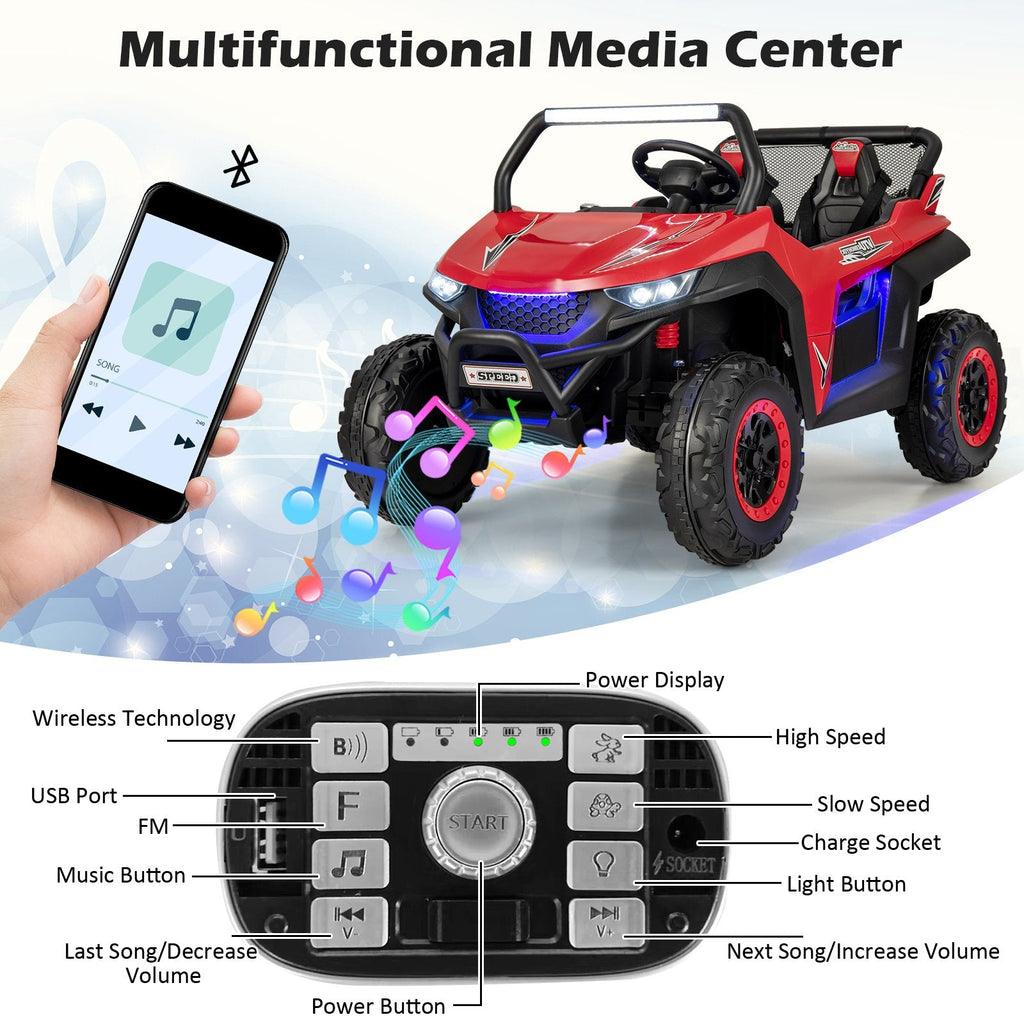 UTV électrique 12V pour enfants à 2 places avec démarrage progressif, 3 vitesses télécommandées, suspension à ressorts et ceintures de sécurité 3 points, capacité de 130 lb, rouge
