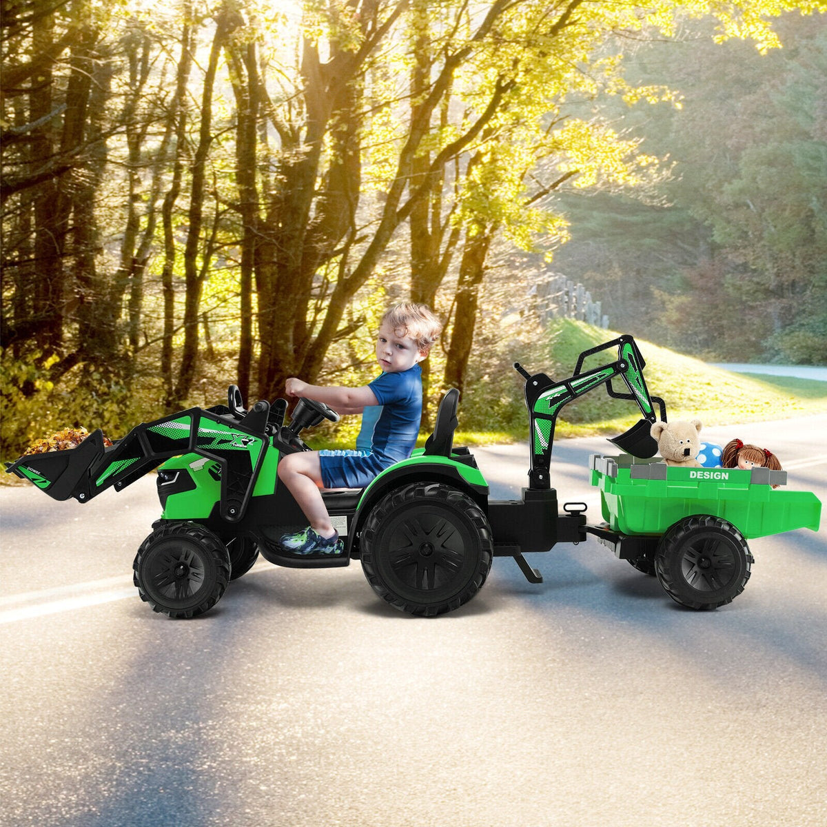 12V 3 in 1 Kids Ride On Excavator with Shovel Bucket, Digging Bucket and Trailer, Parental Remote, 66 lb Limit, Green