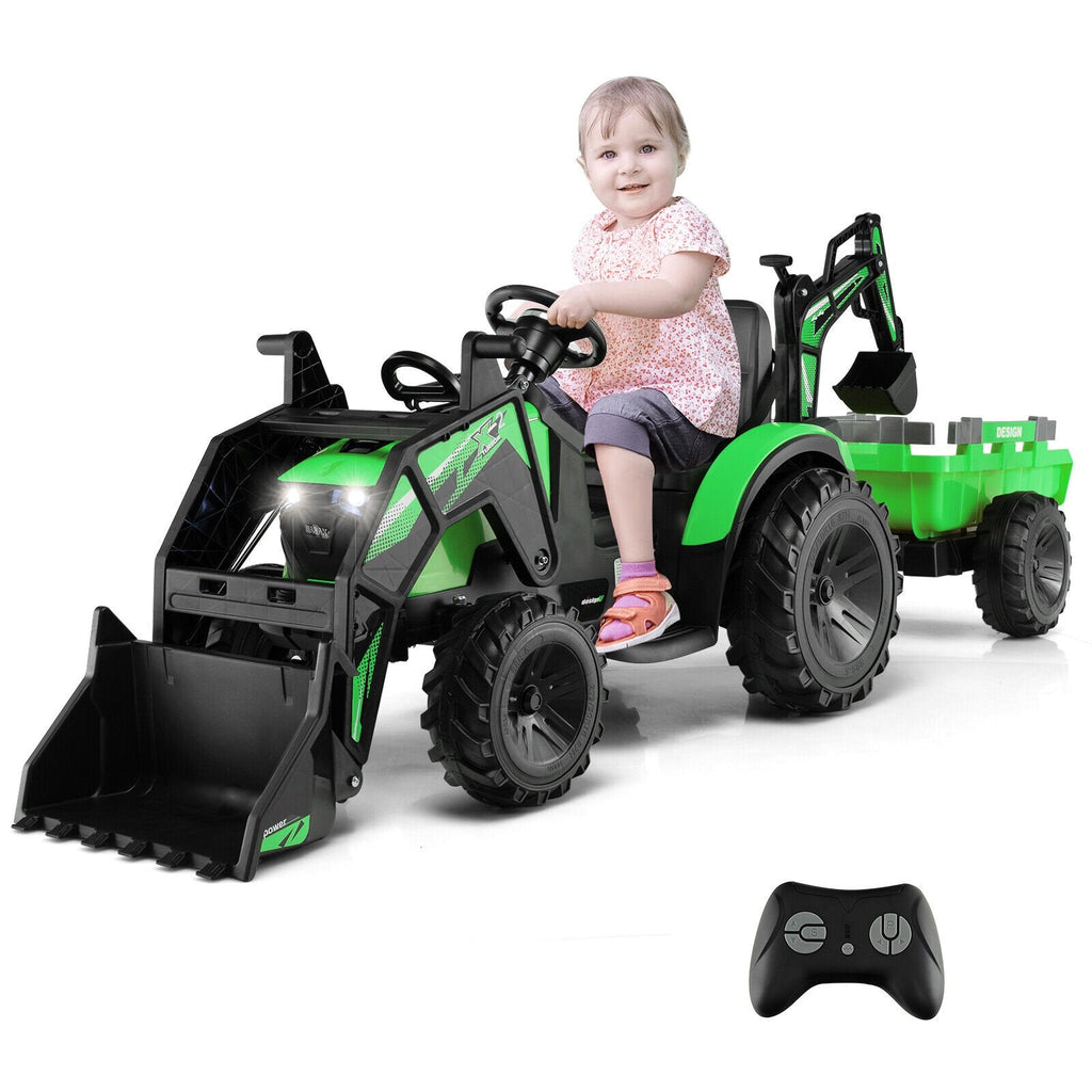 Excavadora correpasillos 3 en 1 de 12 V para niños con pala excavadora, cucharón y remolque, control remoto para padres, límite de 66 lb, verde