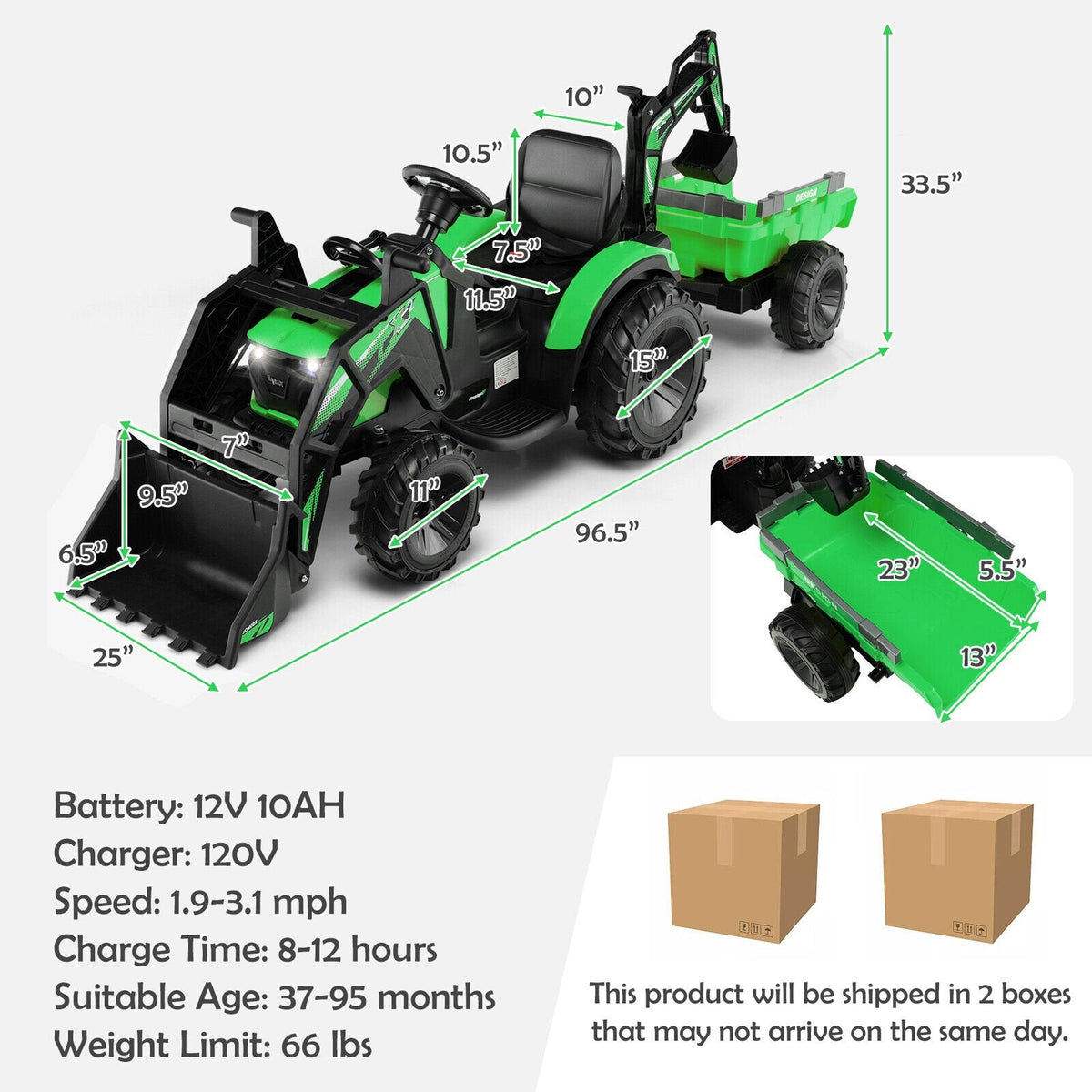 12V 3 in 1 Kids Ride On Excavator with Shovel Bucket, Digging Bucket and Trailer, Parental Remote, 66 lb Limit, Green