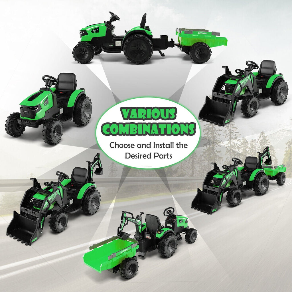 Excavadora correpasillos 3 en 1 de 12 V para niños con pala excavadora, cucharón y remolque, control remoto para padres, límite de 66 lb, verde