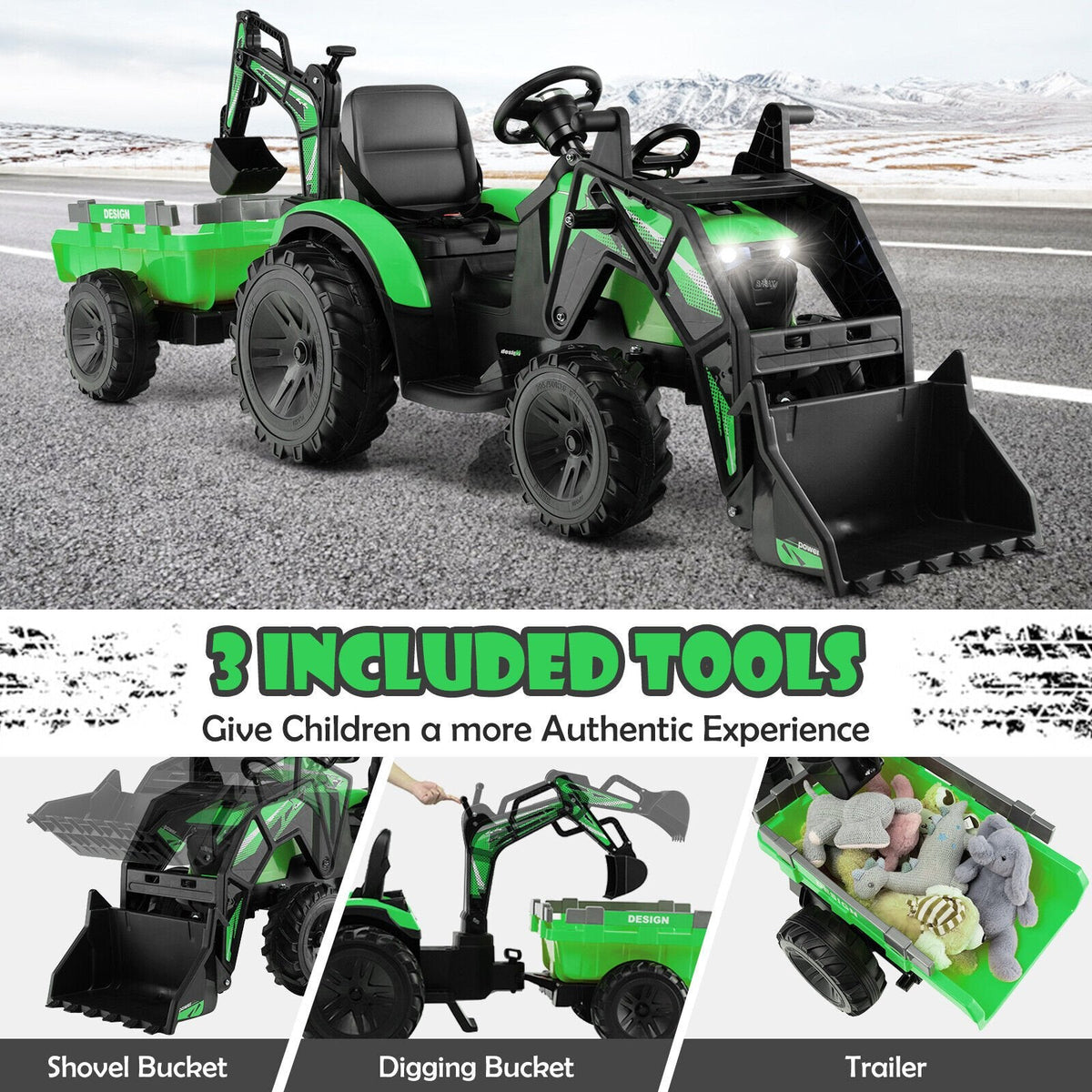 Excavadora correpasillos 3 en 1 de 12 V para niños con pala excavadora, cucharón y remolque, control remoto para padres, límite de 66 lb, verde