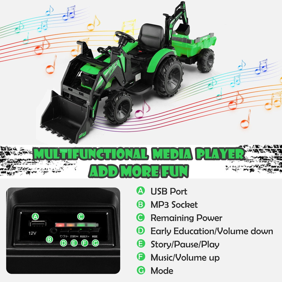Excavadora correpasillos 3 en 1 de 12 V para niños con pala excavadora, cucharón y remolque, control remoto para padres, límite de 66 lb, verde