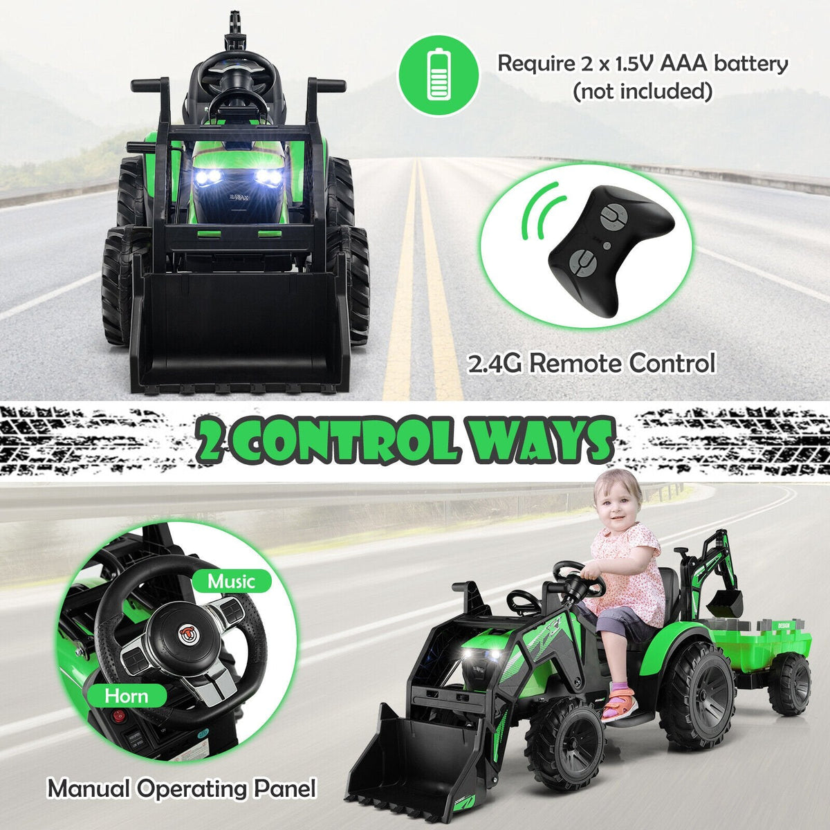 Excavadora correpasillos 3 en 1 de 12 V para niños con pala excavadora, cucharón y remolque, control remoto para padres, límite de 66 lb, verde