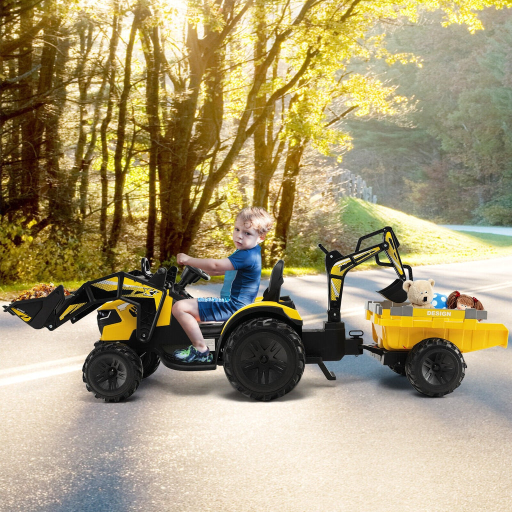 Excavadora eléctrica 3 en 1 de 12V para niños, color amarillo, con pala, brazo excavador, remolque, control remoto 2.4G y batería de 12V 10Ah