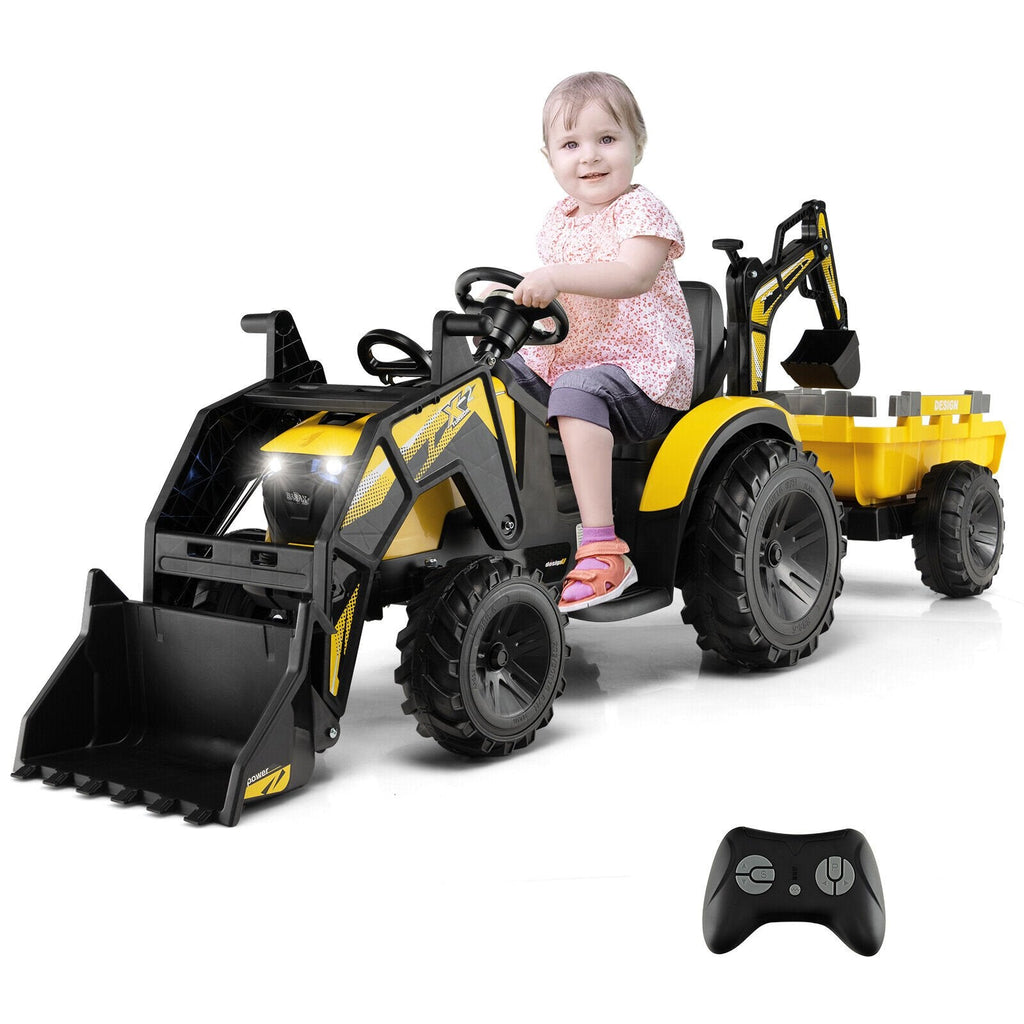 Excavadora eléctrica 3 en 1 de 12V para niños, color amarillo, con pala, brazo excavador, remolque, control remoto 2.4G y batería de 12V 10Ah