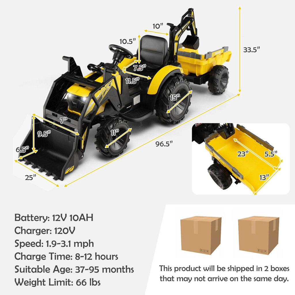 Excavadora eléctrica 3 en 1 de 12V para niños, color amarillo, con pala, brazo excavador, remolque, control remoto 2.4G y batería de 12V 10Ah