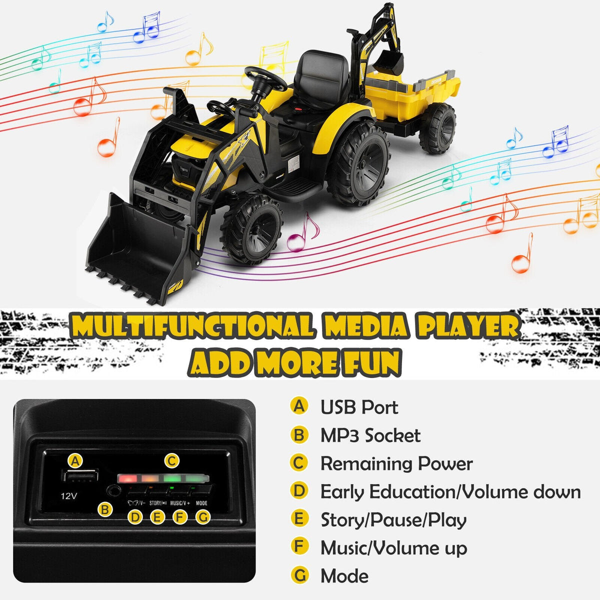 12V 3 in 1 Kids Ride On Excavator, Yellow, with Shovel Bucket, Digging Arm, Trailer, 2.4G Remote and 12V 10Ah Battery
