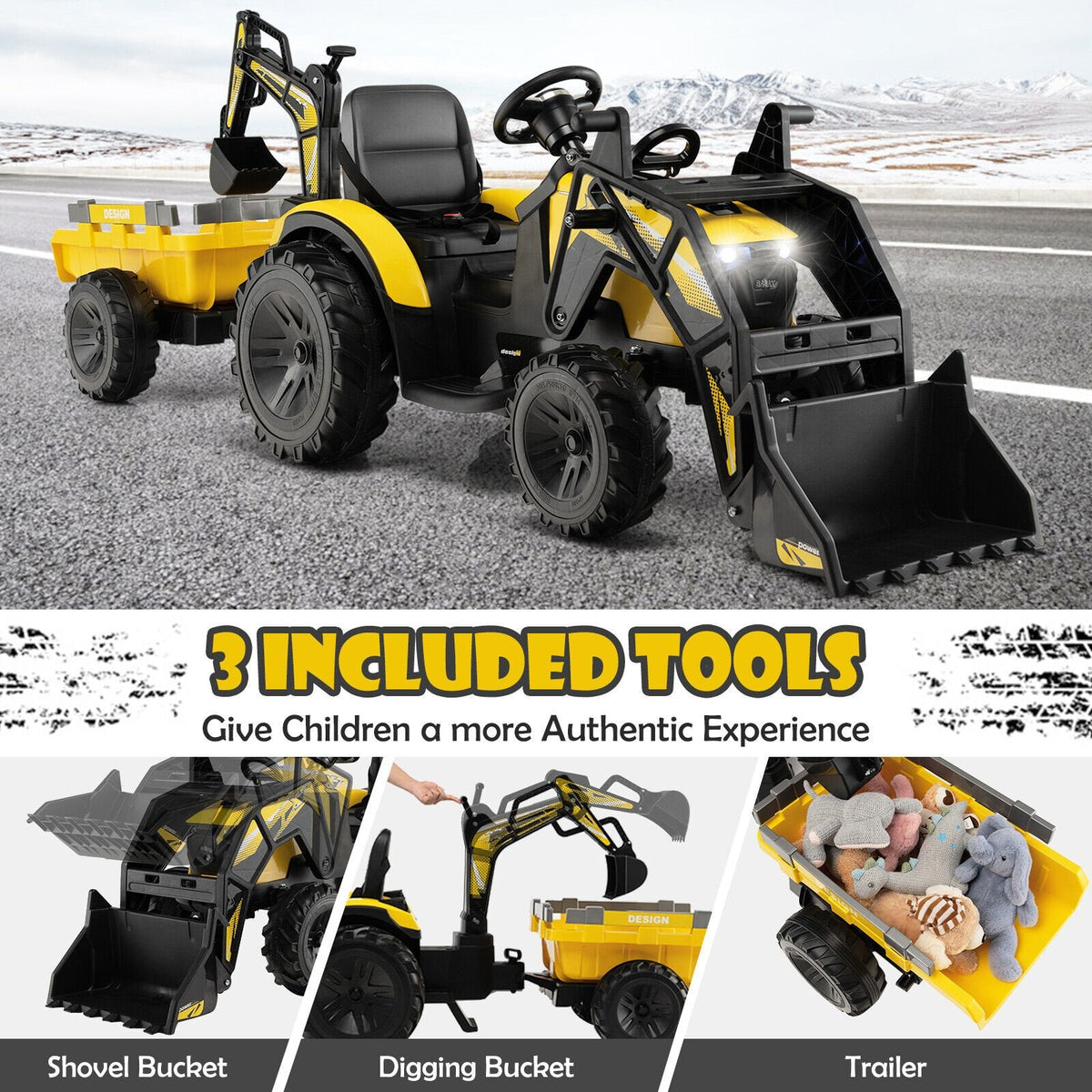 Excavadora eléctrica 3 en 1 de 12V para niños, color amarillo, con pala, brazo excavador, remolque, control remoto 2.4G y batería de 12V 10Ah
