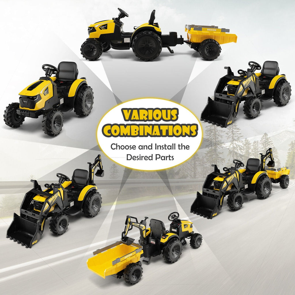 Excavadora eléctrica 3 en 1 de 12V para niños, color amarillo, con pala, brazo excavador, remolque, control remoto 2.4G y batería de 12V 10Ah