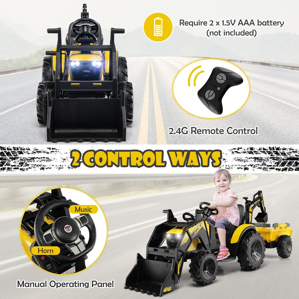 Excavadora eléctrica 3 en 1 de 12V para niños, color amarillo, con pala, brazo excavador, remolque, control remoto 2.4G y batería de 12V 10Ah