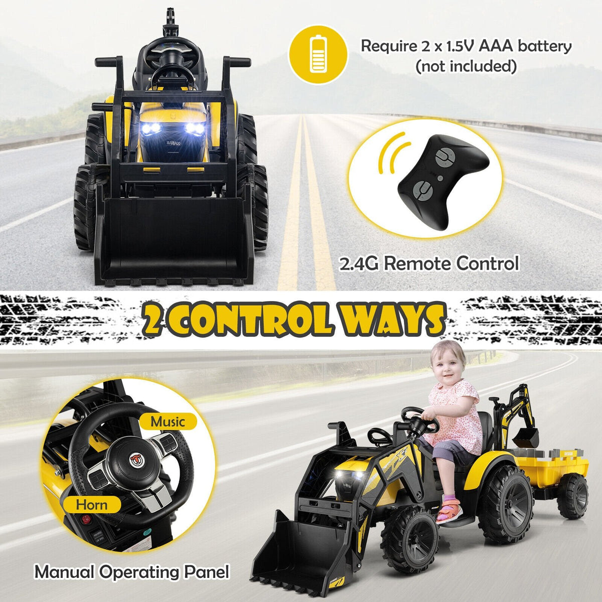 Excavadora eléctrica 3 en 1 de 12V para niños, color amarillo, con pala, brazo excavador, remolque, control remoto 2.4G y batería de 12V 10Ah